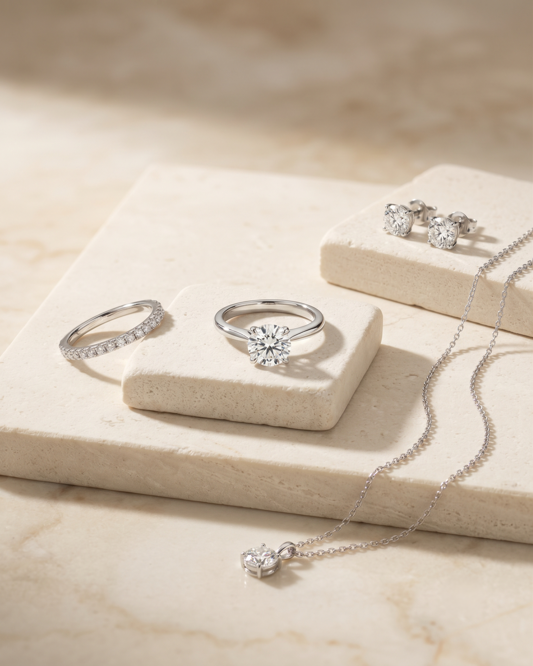 Elegant diamond jewellery selection laid out on white marble — DETARA KISS curated collection